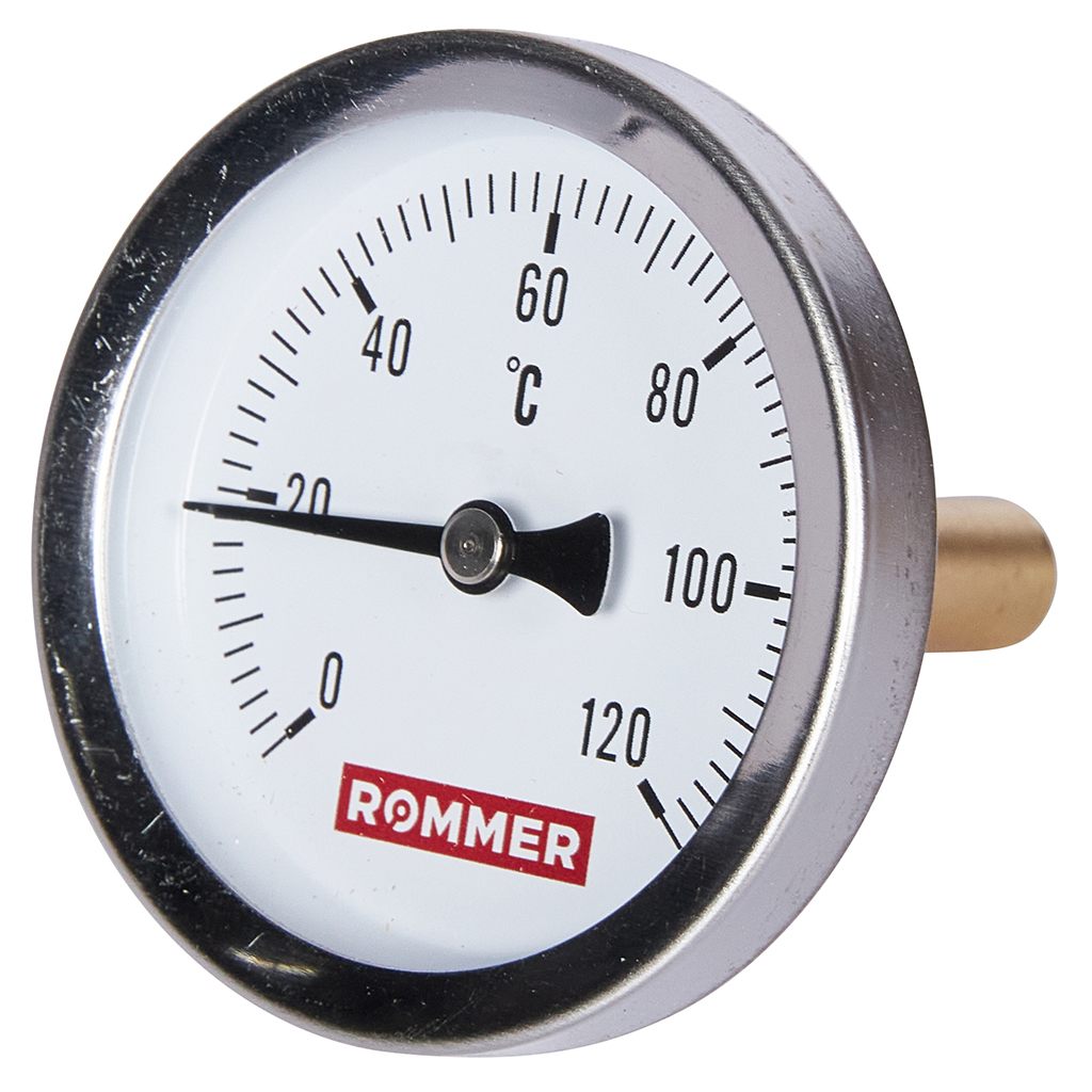 Термометр биметаллический ROMMER 63 мм 120 градусов с погружной гильзой 50 мм 1/2