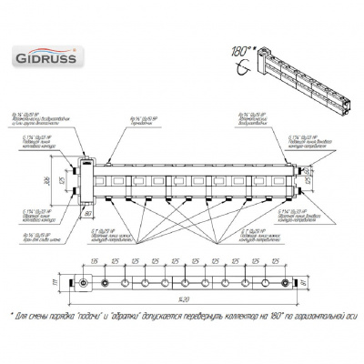 Балансировочный коллектор GIDRUSS BMSS-80-5DU.EPP (до 80 кВт, подкл. котла G 1, 2+2 контура G 1, боковой контур G 1, зеркально-матовая полировка, 4D-кронштейны K.UMS, EPP-термоизоляция)
