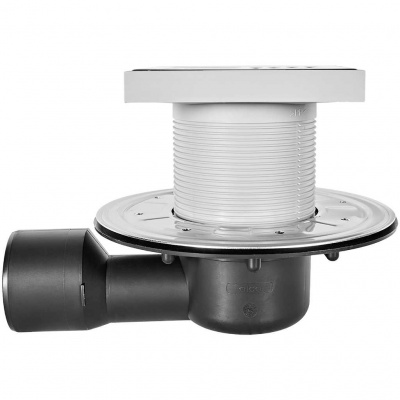 Сливной трап AlcaPlast 105x105/50/75 мм боковой сток, решетка из нержавеющей стали, фланец из нержавеющей стали, воротник изоляции 2–го уровня, гидрозатвор сухой и мокрый