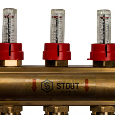Распределительный коллектор из латуни с расходомерами STOUT 5 выходов