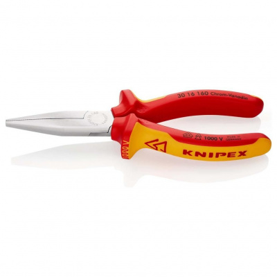 Длинногубцы KNIPEX VDE, плоские рифлённые губки 46.5 мм, длина 160 мм, хром, 2-комп диэлектрические ручки