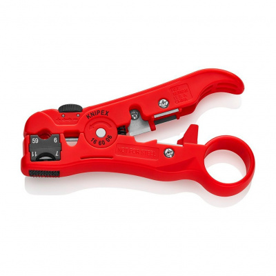 Стриппер KNIPEX для коаксиальных RG 59/6/7/11, дата-кабелей, телефонных плоских кабелей 4P/6P/8P, длина 125 мм, SB