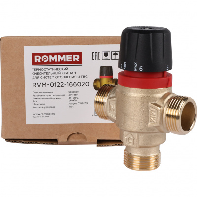 Термостатический смесительный клапан для систем отопления и ГВС ROMMER 3/4 НР 35-60°С KV 1,6 (боковое смешивание)