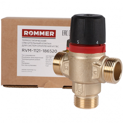 Термостатический смесительный клапан для систем отопления и ГВС ROMMER 3/4 НР 30-65°С KV 1,8 (центральное смешивание)